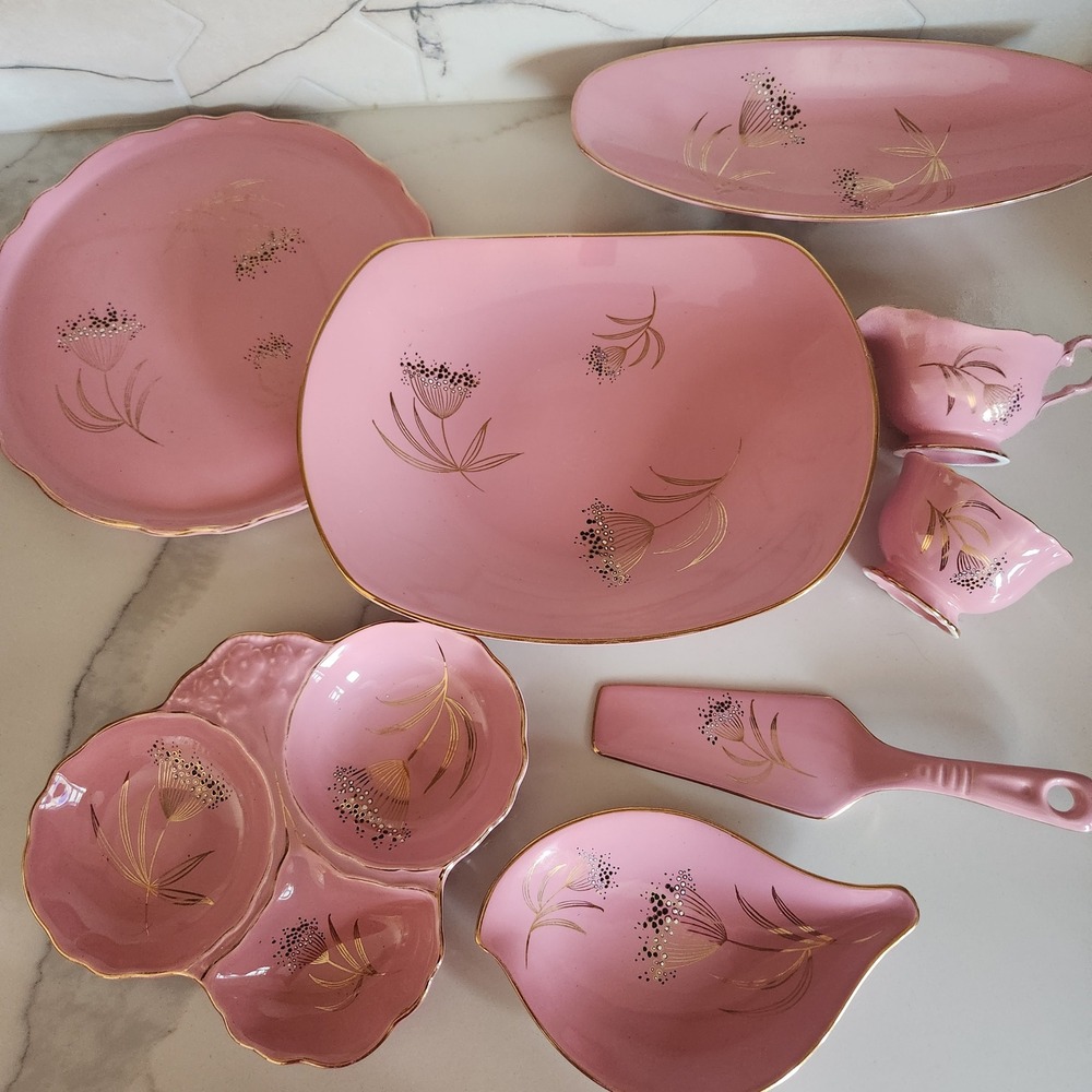 James Kent Old Foley Ballerina 5484 Pink Gold Gilt Serving Set 8pc Staffordshire